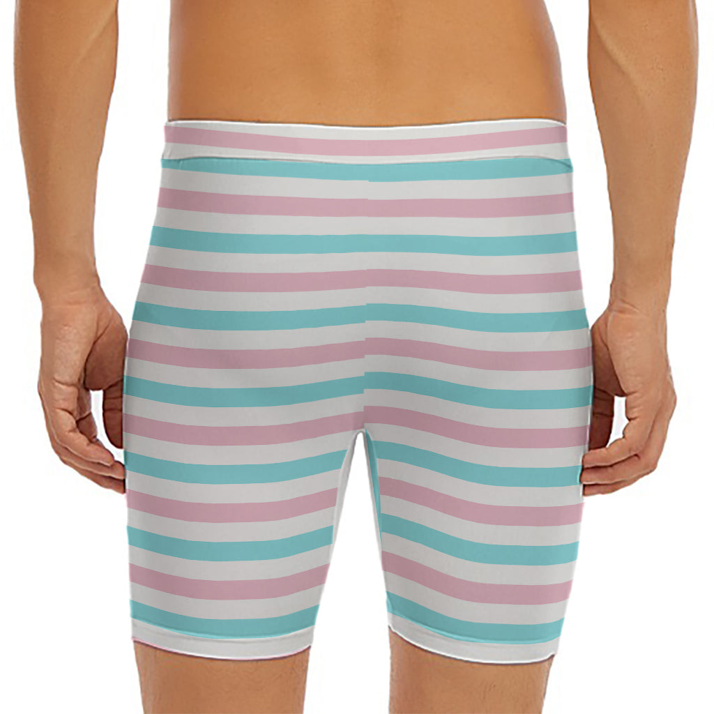 Pink And Teal Striped Pattern Print Men's Long Boxer Briefs