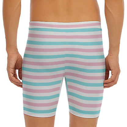 Pink And Teal Striped Pattern Print Men's Long Boxer Briefs