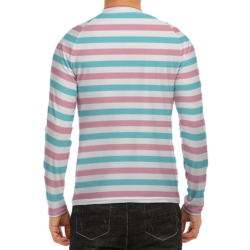 Pink And Teal Striped Pattern Print Men's Long Sleeve Rash Guard