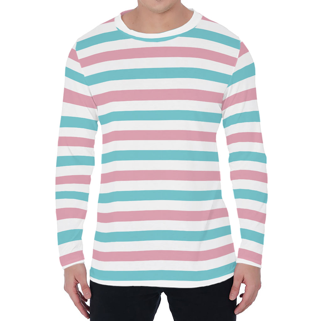 Pink And Teal Striped Pattern Print Men's Long Sleeve T-Shirt