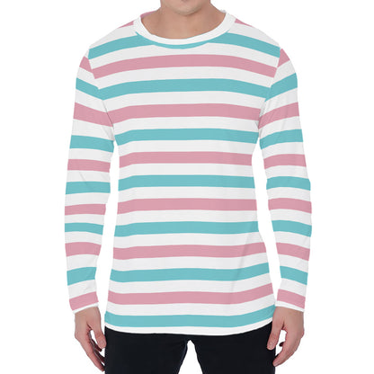 Pink And Teal Striped Pattern Print Men's Long Sleeve T-Shirt