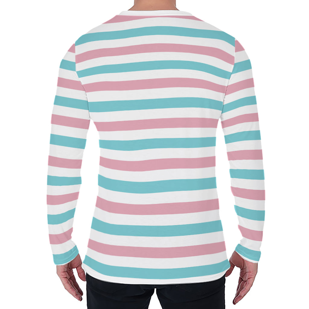 Pink And Teal Striped Pattern Print Men's Long Sleeve T-Shirt