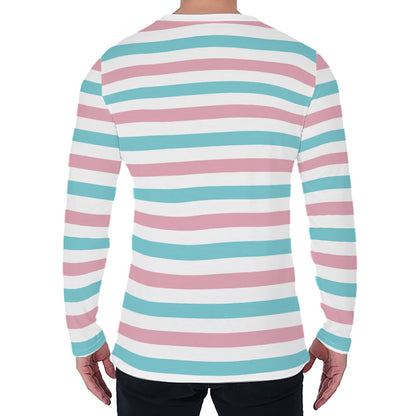 Pink And Teal Striped Pattern Print Men's Long Sleeve T-Shirt
