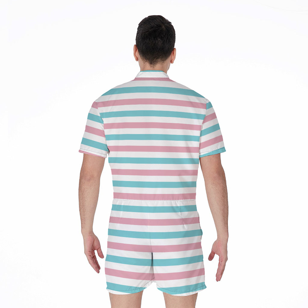 Pink And Teal Striped Pattern Print Men's Rompers