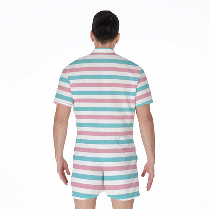 Pink And Teal Striped Pattern Print Men's Rompers