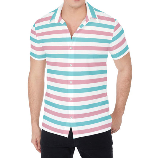 Pink And Teal Striped Pattern Print Men's Shirt