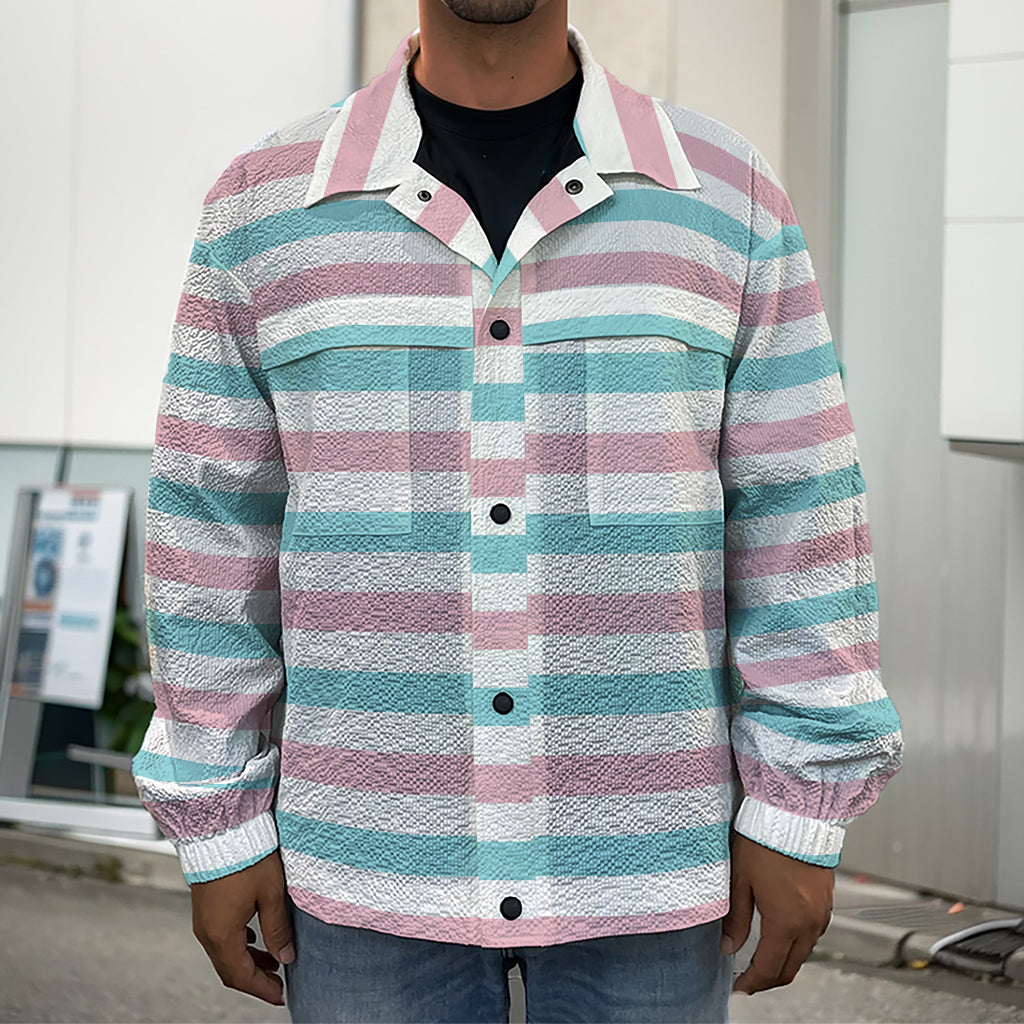 Pink And Teal Striped Pattern Print Men's Shirt Jacket