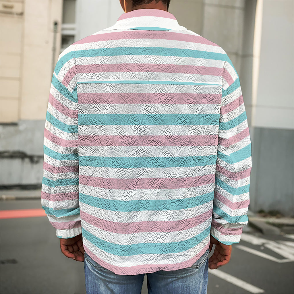 Pink And Teal Striped Pattern Print Men's Shirt Jacket