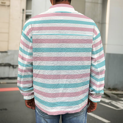 Pink And Teal Striped Pattern Print Men's Shirt Jacket