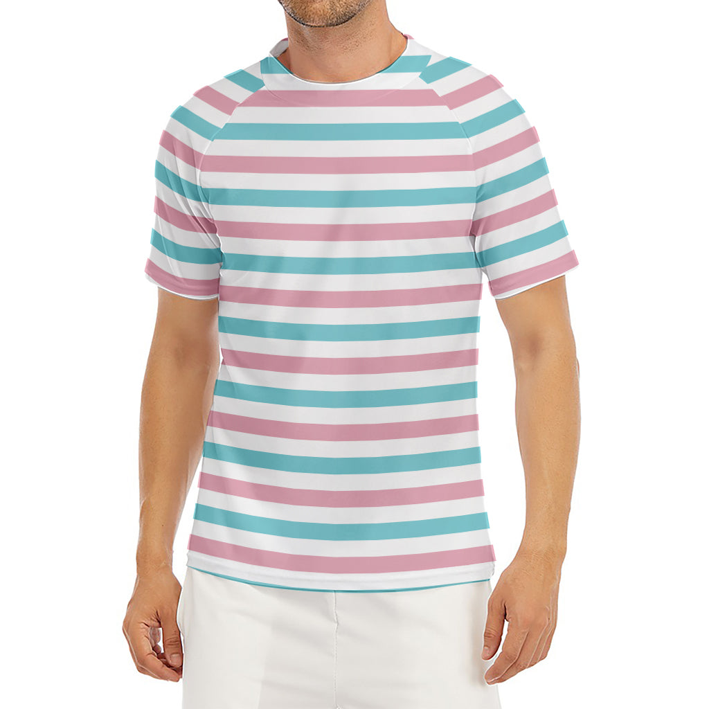 Pink And Teal Striped Pattern Print Men's Short Sleeve Rash Guard