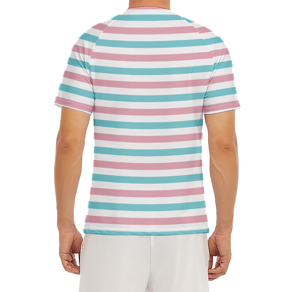 Pink And Teal Striped Pattern Print Men's Short Sleeve Rash Guard