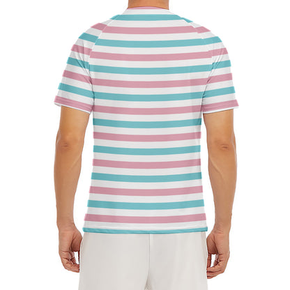 Pink And Teal Striped Pattern Print Men's Short Sleeve Rash Guard