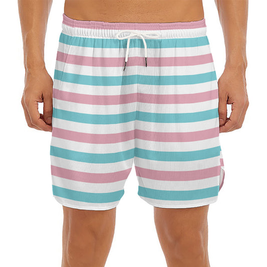 Pink And Teal Striped Pattern Print Men's Split Running Shorts