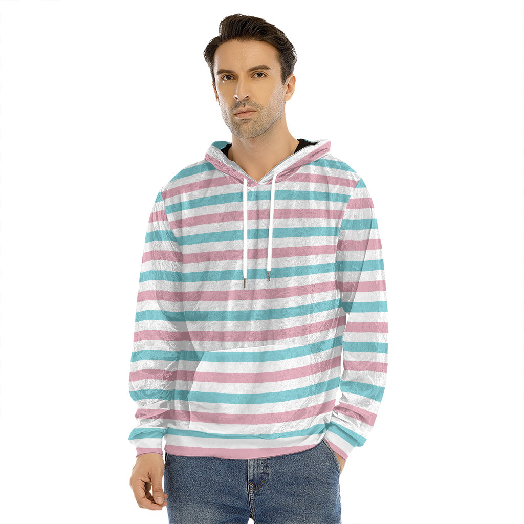Pink And Teal Striped Pattern Print Men's Velvet Pullover Hoodie