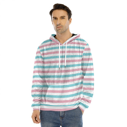 Pink And Teal Striped Pattern Print Men's Velvet Pullover Hoodie