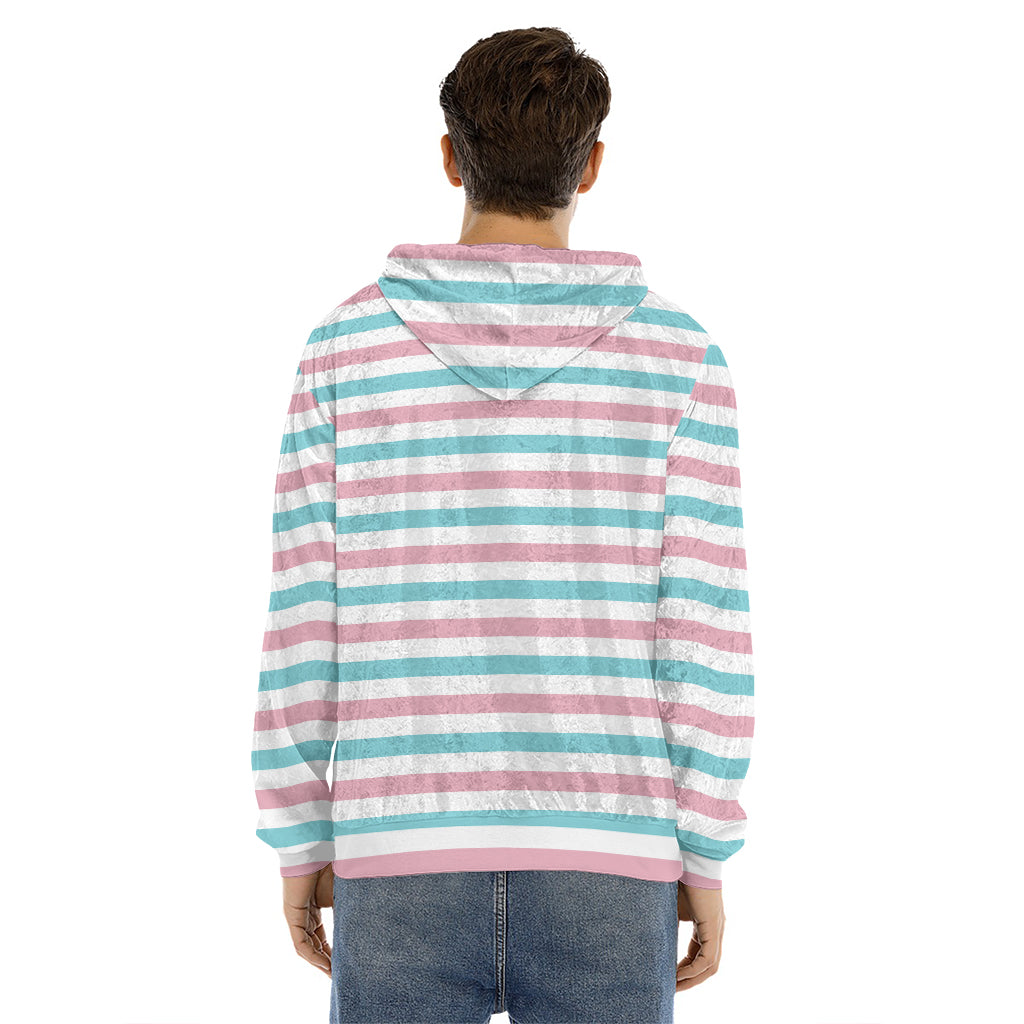 Pink And Teal Striped Pattern Print Men's Velvet Pullover Hoodie