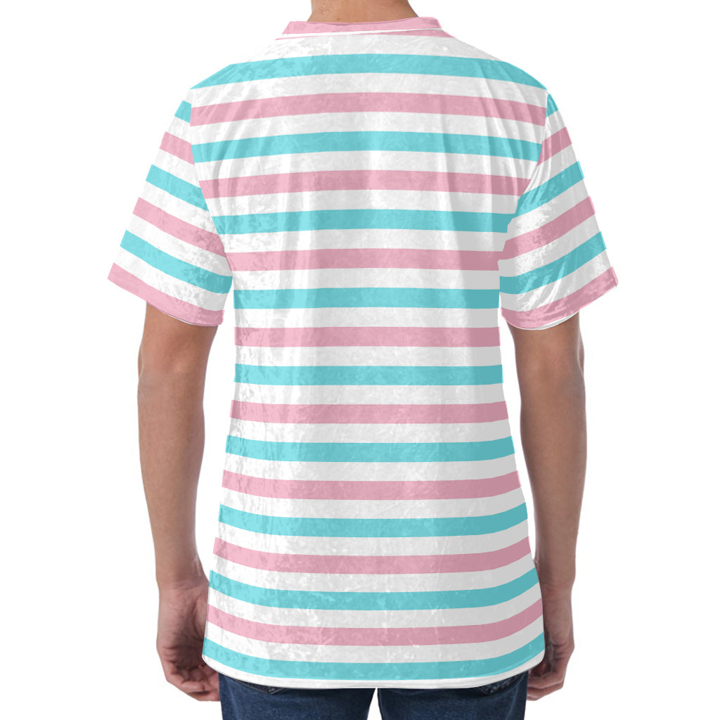 Pink And Teal Striped Pattern Print Men's Velvet T-Shirt