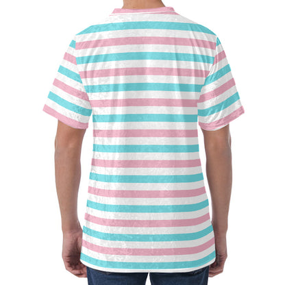 Pink And Teal Striped Pattern Print Men's Velvet T-Shirt