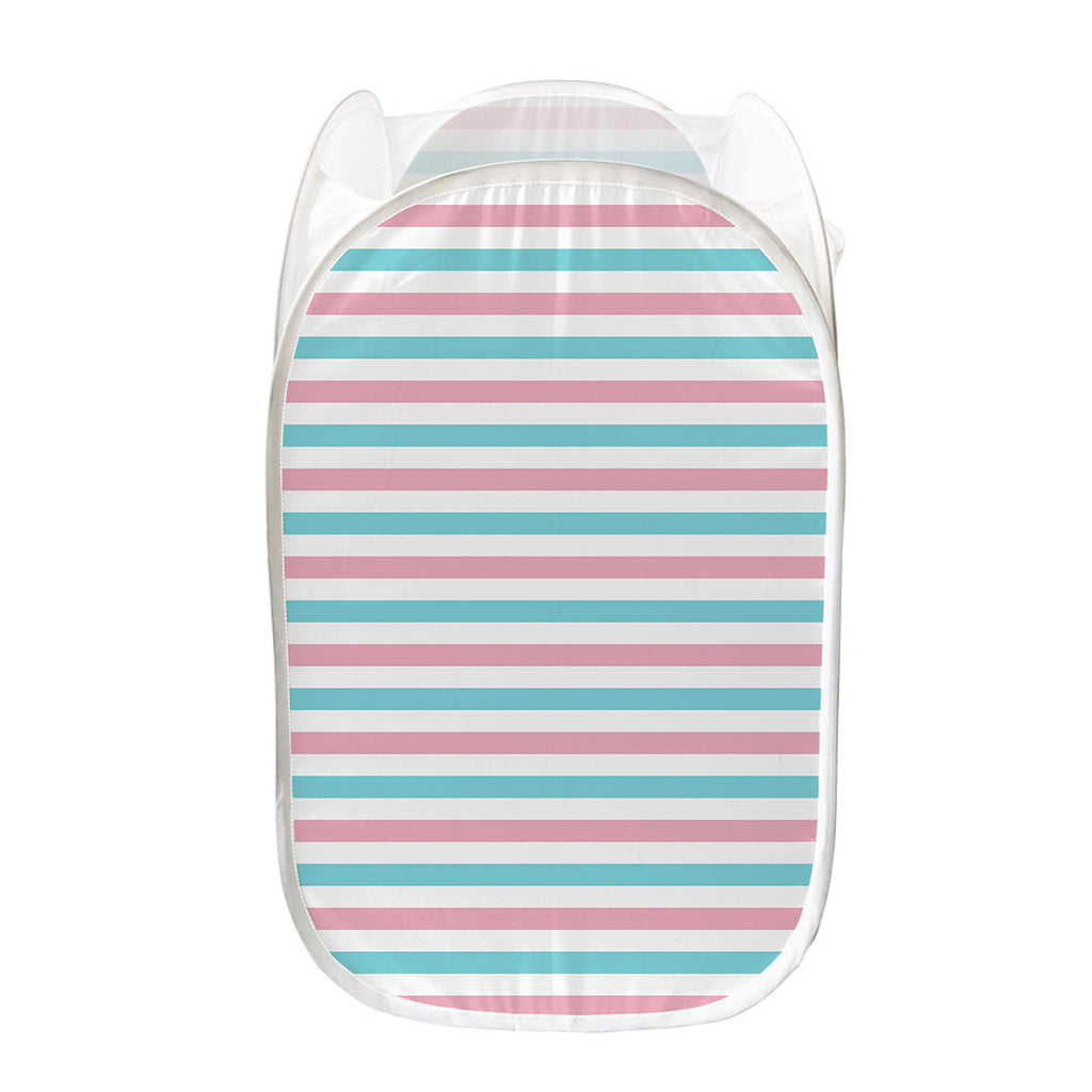 Pink And Teal Striped Pattern Print Mesh Laundry Hamper