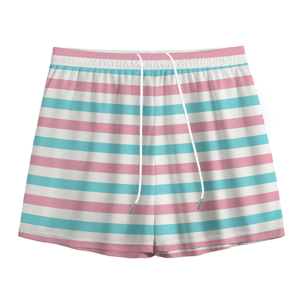 Pink And Teal Striped Pattern Print Mesh Shorts