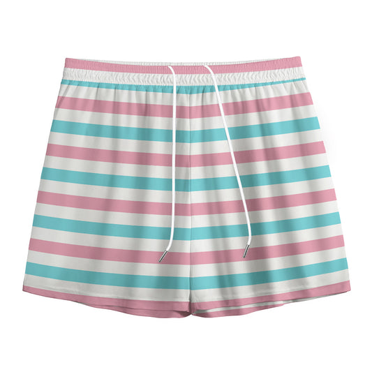 Pink And Teal Striped Pattern Print Mesh Shorts