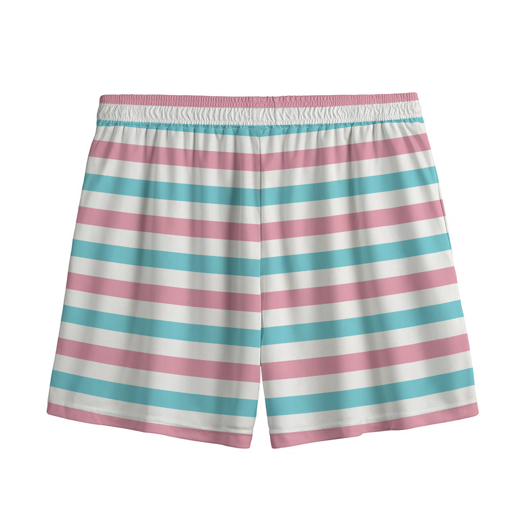 Pink And Teal Striped Pattern Print Mesh Shorts