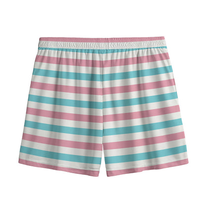 Pink And Teal Striped Pattern Print Mesh Shorts