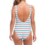 Pink And Teal Striped Pattern Print One Piece Swimsuit