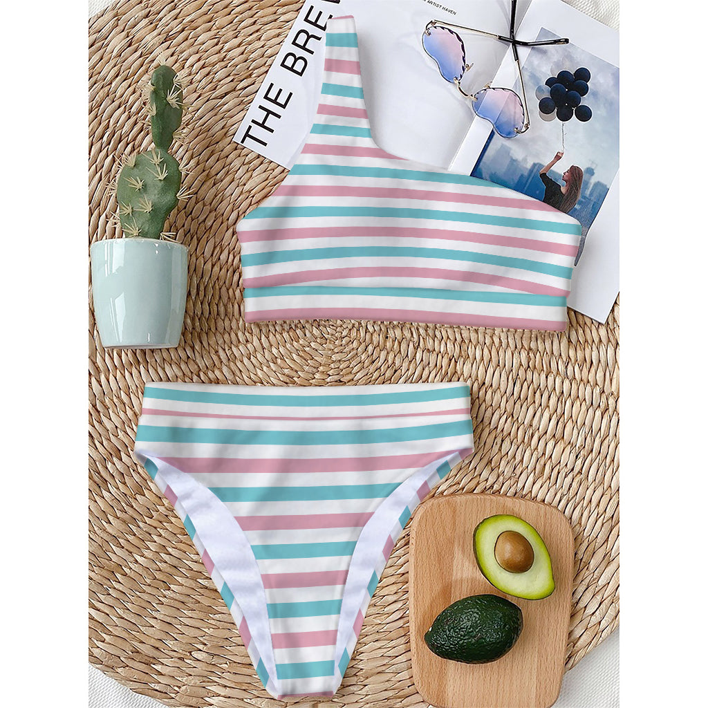 Pink And Teal Striped Pattern Print One Shoulder Bikini Top