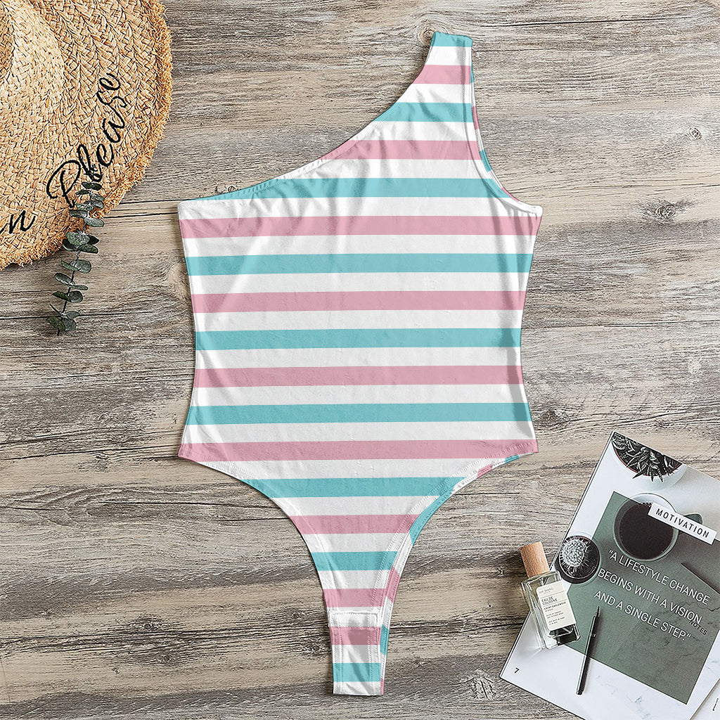 Pink And Teal Striped Pattern Print One Shoulder Bodysuit