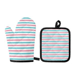 Pink And Teal Striped Pattern Print Oven Mitt And Pot Holder Set