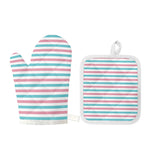 Pink And Teal Striped Pattern Print Oven Mitt And Pot Holder Set