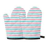 Pink And Teal Striped Pattern Print Oven Mitts