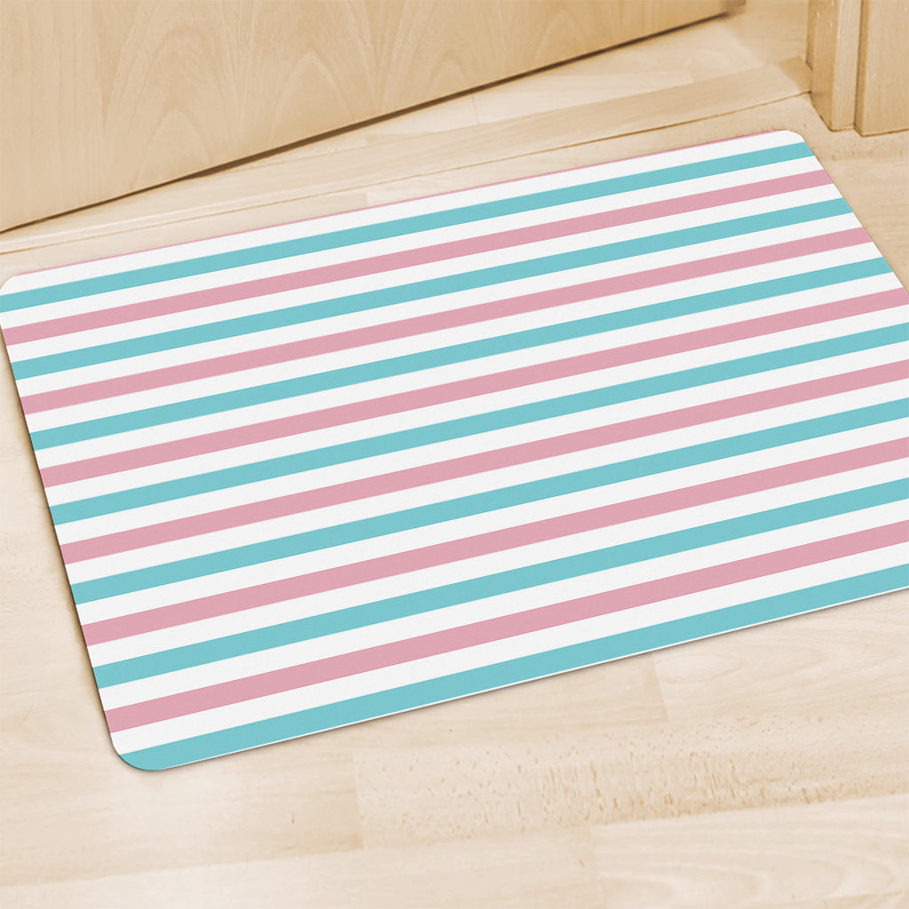 Pink And Teal Striped Pattern Print Polyester Doormat