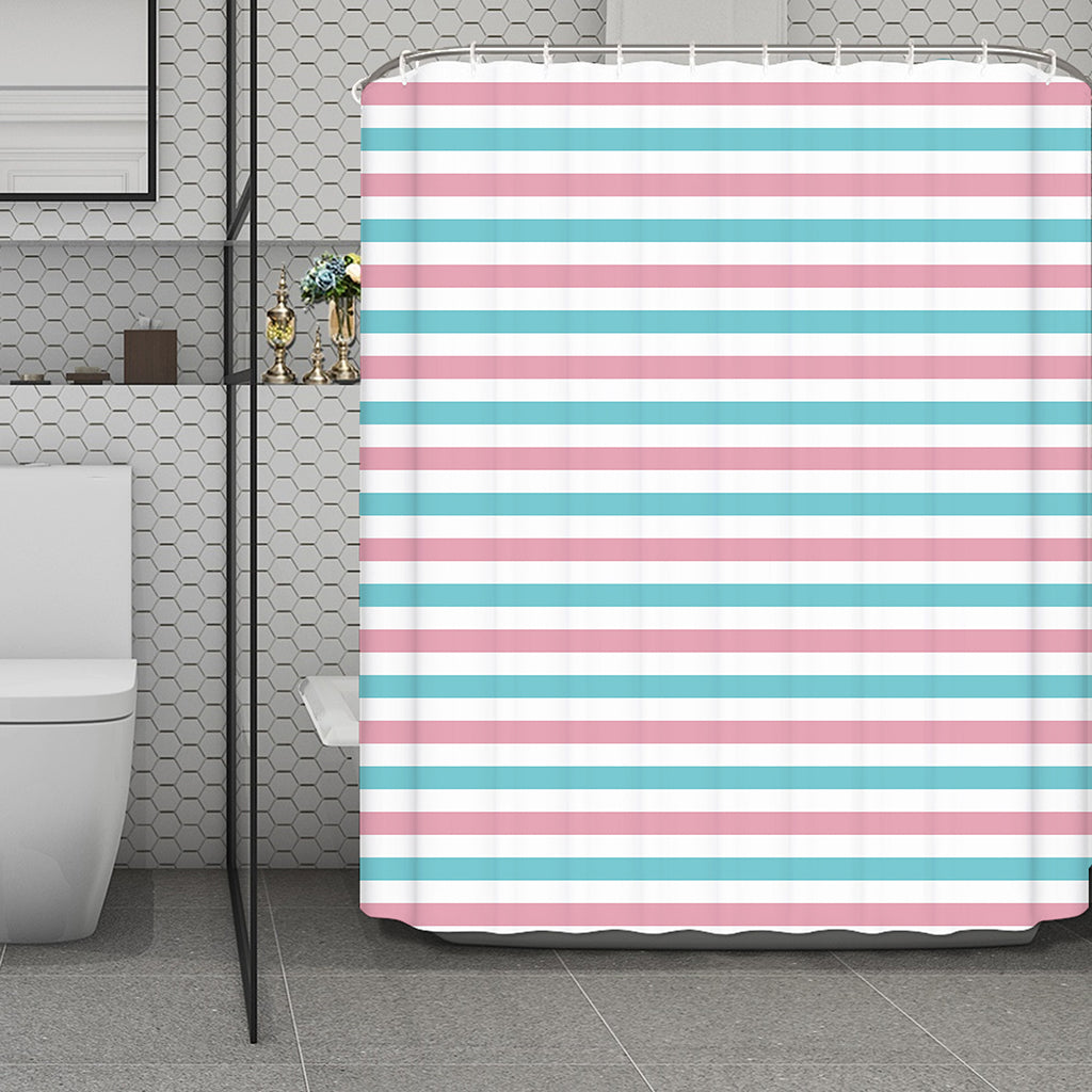 Pink And Teal Striped Pattern Print Polyester Shower Curtain