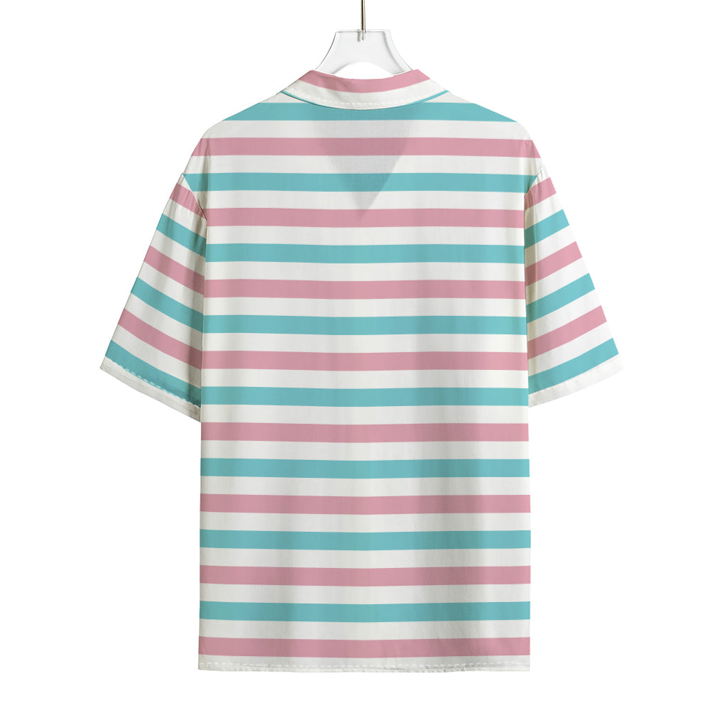 Pink And Teal Striped Pattern Print Rayon Hawaiian Shirt