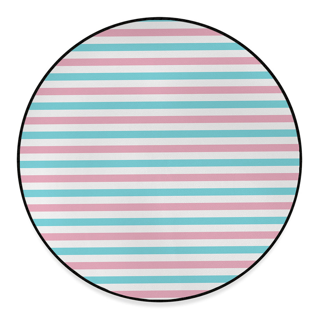 Pink And Teal Striped Pattern Print Round Floor Mat