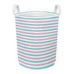 Pink And Teal Striped Pattern Print Round Laundry Basket