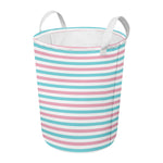 Pink And Teal Striped Pattern Print Round Laundry Basket