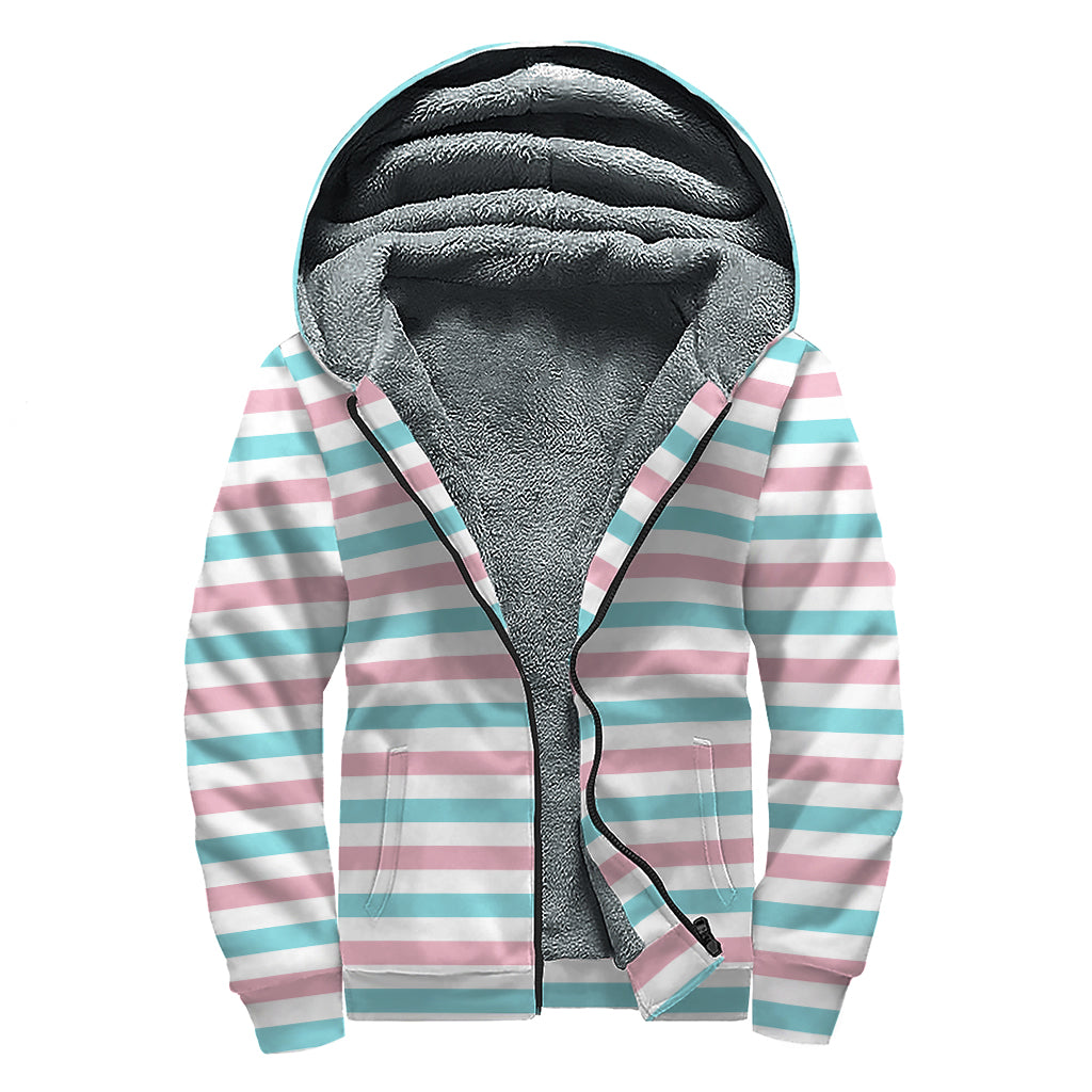 Pink And Teal Striped Pattern Print Sherpa Lined Zip Up Hoodie
