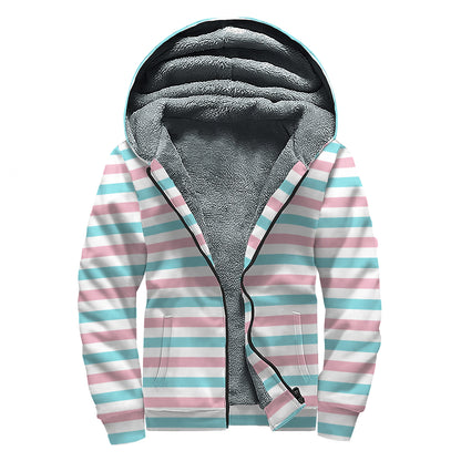 Pink And Teal Striped Pattern Print Sherpa Lined Zip Up Hoodie