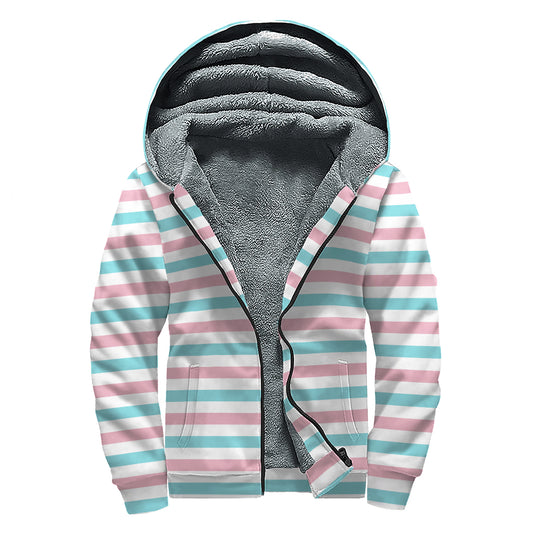 Pink And Teal Striped Pattern Print Sherpa Lined Zip Up Hoodie