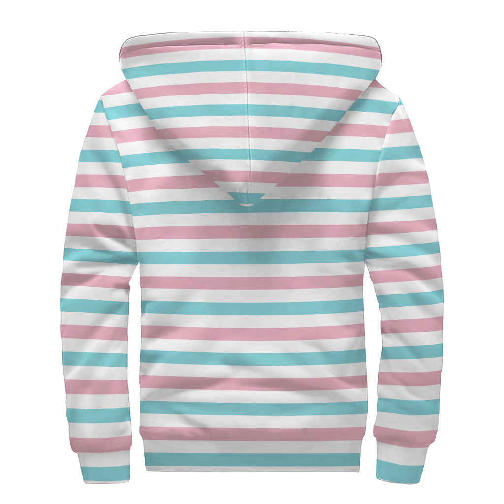 Pink And Teal Striped Pattern Print Sherpa Lined Zip Up Hoodie