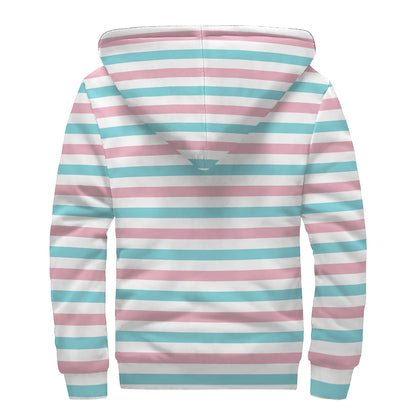 Pink And Teal Striped Pattern Print Sherpa Lined Zip Up Hoodie