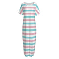 Pink And Teal Striped Pattern Print Short Sleeve Long Nightdress
