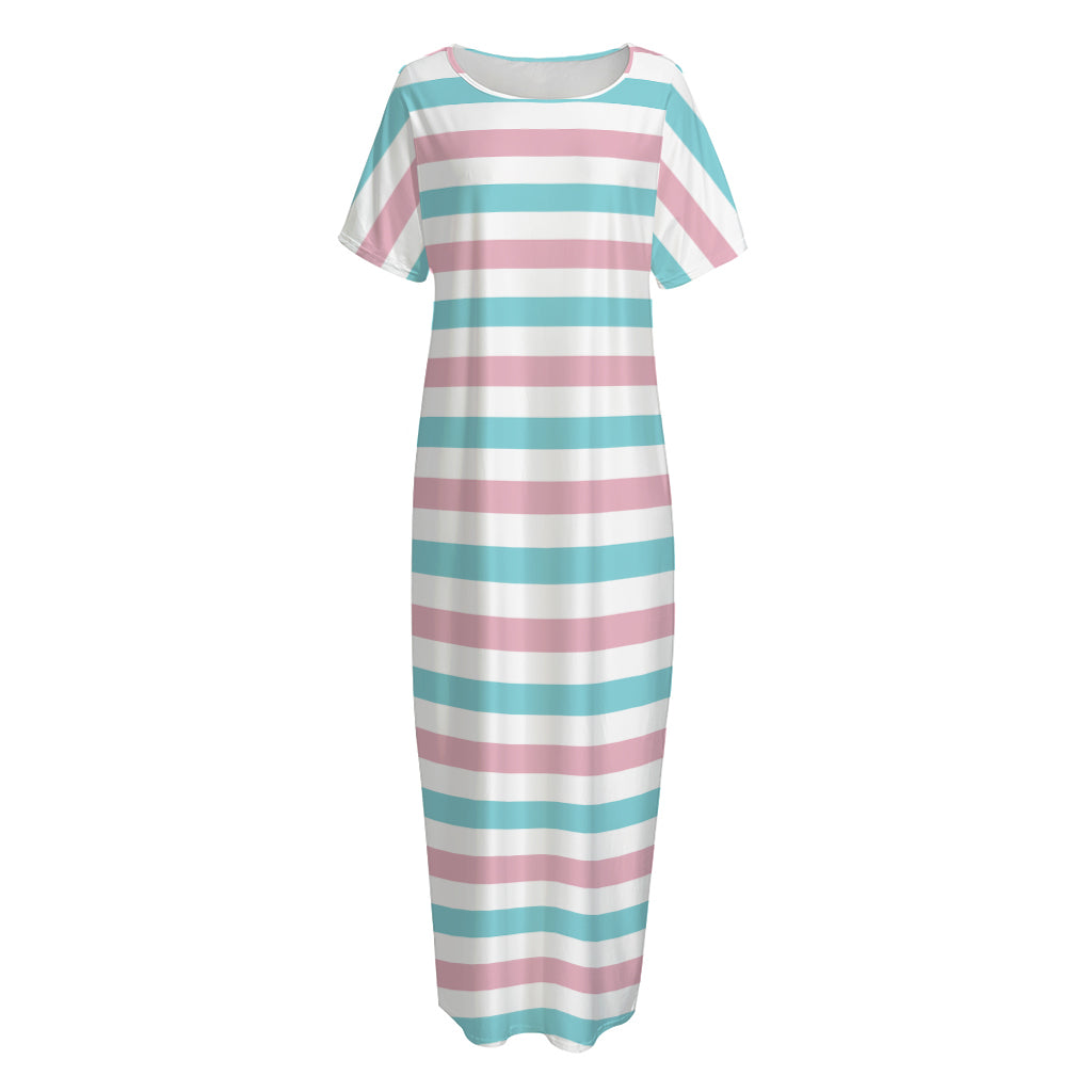 Pink And Teal Striped Pattern Print Short Sleeve Long Nightdress