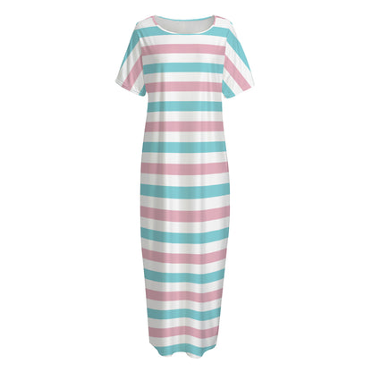 Pink And Teal Striped Pattern Print Short Sleeve Long Nightdress
