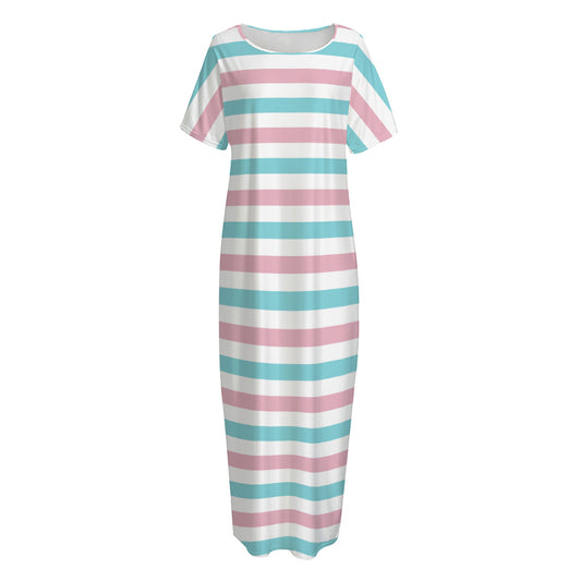 Pink And Teal Striped Pattern Print Short Sleeve Long Nightdress