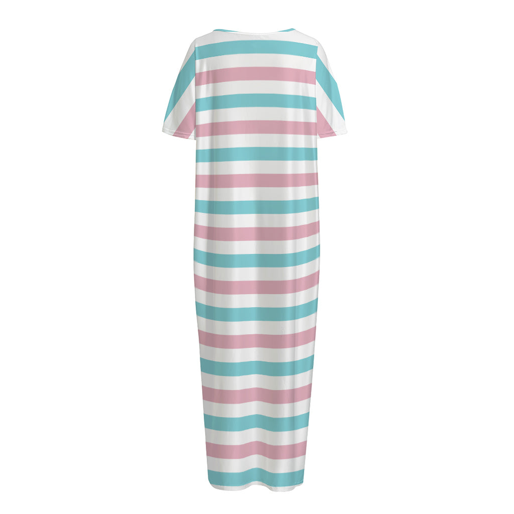 Pink And Teal Striped Pattern Print Short Sleeve Long Nightdress