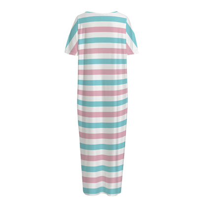 Pink And Teal Striped Pattern Print Short Sleeve Long Nightdress